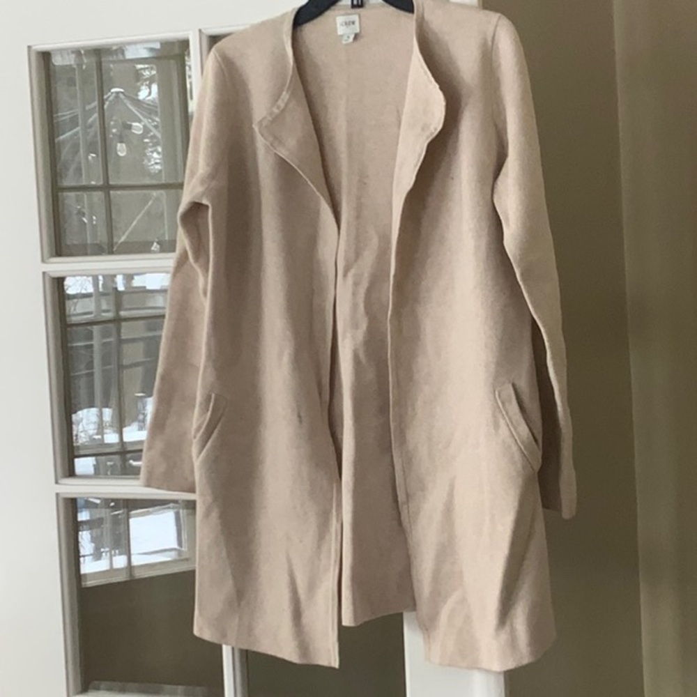 J. Crew Sophie Cream sweater jacket with wide lapels and relaxed fit.